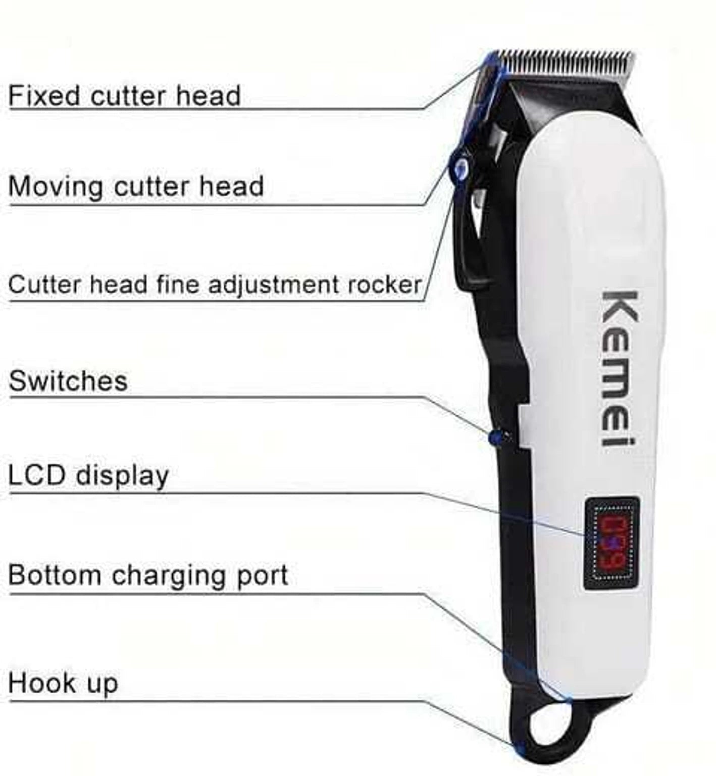Hair Trimmer Kemei Electric Hair Clipper Fully Waterproof Trimmer 120 min  Runtime 1 Length Settings (White)
