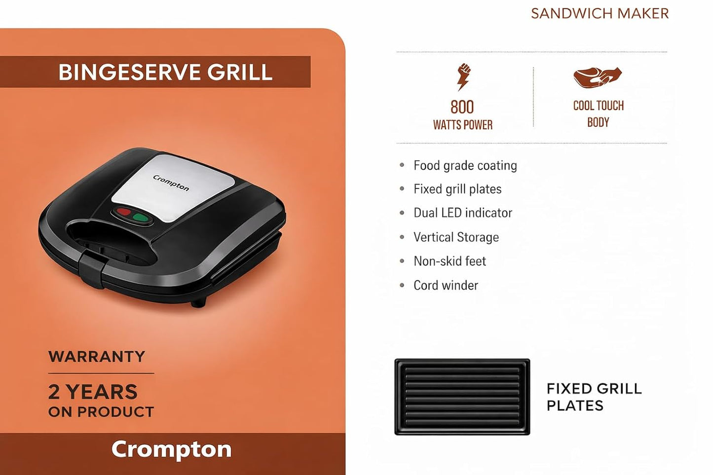 Bingeserve 800 Watts Grill Sandwich Maker | Cool Touch Body | Non-Stick | 2 Years Warranty