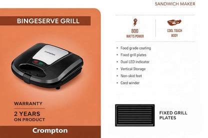 Bingeserve 800 Watts Grill Sandwich Maker | Cool Touch Body | Non-Stick | 2 Years Warranty
