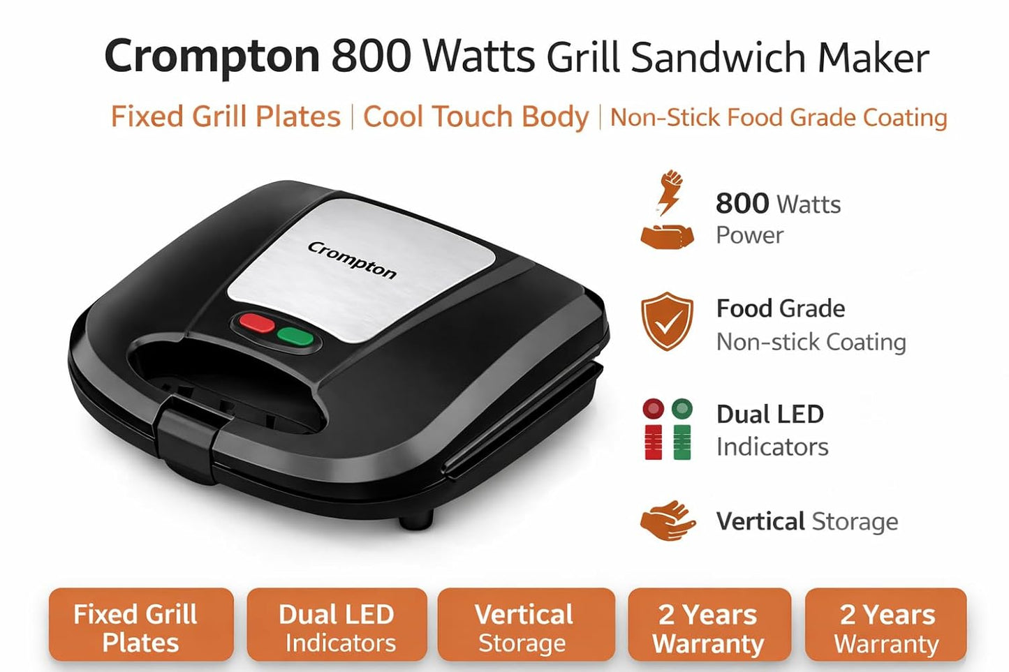 Bingeserve 800 Watts Grill Sandwich Maker | Cool Touch Body | Non-Stick | 2 Years Warranty