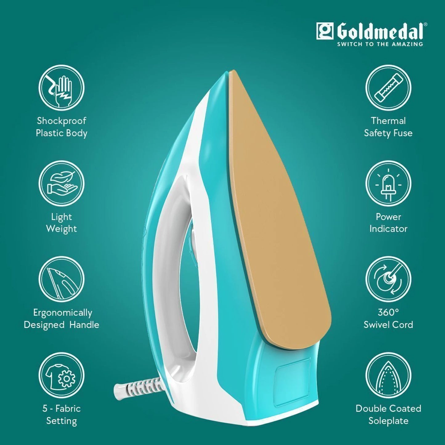 Goldmedal Glide 1100W Dry Iron 2.5 Years Warranty | Light Weight (Turquoise Blue)